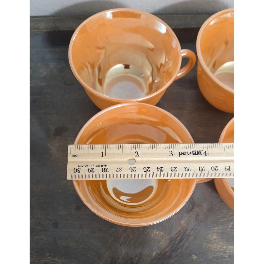 Fire-King Peach Lustre Laurel Tea Cups Set of 4 Vintage Iridescent Milk Glass‎
